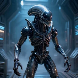 2 8 mm closeup portrait of a wet slimy dripping black metallic chrome mass effect robot lovecraft bearded dragon hornet xenomorph alien with glowing eyes in science fiction spaceship hallway, dramatic lighting, octane, blue lights, lens flare, industrial, dirty, trending on artstation, golden ratio, h. r. giger, mist, action, volumetric lighting