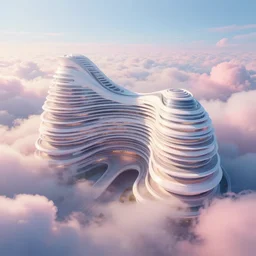 beautiful digital illustration of a futuristic curvilinear palace in a sea of clouds by Andreas Rocha, curvilinear architecture, fluffy pastel clouds, establishing shot, cinematic, architecture, concept art, deviantArt, artsation, artstation HQ, HD, 16k resolution, smooth, sharp detail, amazing depth, octane, finalRender, Unreal Engine