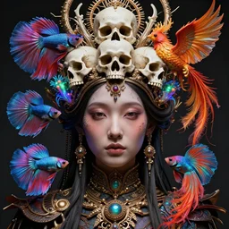 symmetrical, centered, goddess close-up portrait wigh crown made of skulls. betta fish, phoenix, bioluminiscent creature, super intricate ornaments artwork by Tooth Wu and wlop and beeple. octane render, trending on artstation, greg rutkowski very coherent symmetrical artwork. cinematic counter light, high detail, octane render, 4k, vibrant