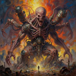 a mysterious horrifying scary massive superorganism erupting from the earth, oilpainting, bright, horror art, cinematic shot, wide angle, surrealism, dystopian, mechanisms, body horror, cultlike