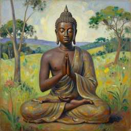 contented peaceful south african!!! male!!! buddha, praying meditating, in a scenic environment, detailed, expressionist painting by ernie barnes and gerard sekoto