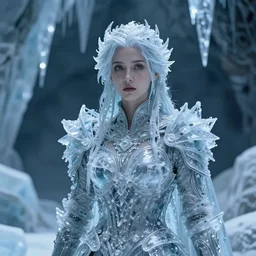 medium shot of a regal brown woman wearing an intricate and detailed armor made of many layers of ice. stalactite hair. freckles. haunting eyes. vulnerable. fragile. ethereal. elaborate. ice caves. glaciers. refracted light. extremely soft lighting. textures. delicate. translucent. photorealistic. octane render