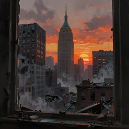 seen through a window, decrepit new york, post apocalyptic cityscape after a nuclear war, beautiful radioactive sunset lighting, beautiful painting, fallout