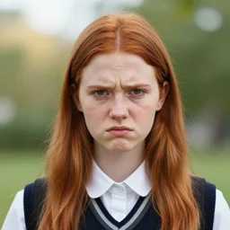vibrant, beautiful portrait of a thin adolescent white woman with round face wearing a school uniform, annoyed look, acne, uneven skintone, dry skin, redhead, center parting, straight hair, in the morning, natural light, sigma 8 5 mm, nikon 5 0 mm f / 1. 8 g, by lee jeffries