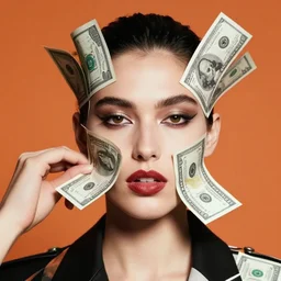 extremely detailed studio closeup portrait of a fashion model getting hit in the face by money. surreal photograph, lo - fi, polished look, solid background, silly and serious, hermes ad, fashion photography, toiletpaper magazine by pierpaolo ferrari and maurizio cattelan, 3 5 mm photograph, colourful, david lachapelle, canon eos c 3 0 0, 8 k, medium - format print
