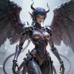buddhist art drawing painting of demon angel cyborg mutant cg anime girl beautiful face and mechanical tentacles and synaptic glows 3 d photorealistic cinematic shot with leica zeiss depth of field and lens flare in style of frank miller and ito junji squareenix trending on pixiv artstation