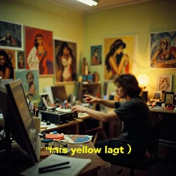 dramatic scene shallow depth of field medium shot uncanny surreal photograph of a colorful intimate art studio in 1 9 9 5 titled'this yellow light ', photographed by william eggleston and ken price and man ray, grainy shocking detail trending on artstation 8 k