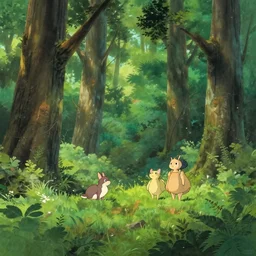 idyllic forest with some animals illustration artwork by studio ghibli