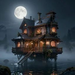 photorealistic wide shot of a beautiful steampunk house that floats on the water in the moonlight, octane render, unreal engine 4k, volumetric light, fog, detailed