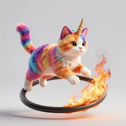 colorful cat with unicorn horn jumping through a ring a fire, very high detail, hyperrealistic, colored ink