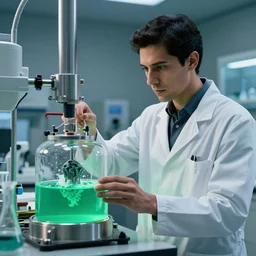 professional shot of a scientist thin ( latino ) male in his biotech lab, developing a zerg alien inside a bioreactor with green culture inside. from love death and robots ( 2 0 1 9 ). coherent portrait, intricate, elegant, highly detailed, digital photo, trending on artstation, hdr photo, smooth, sharp focus