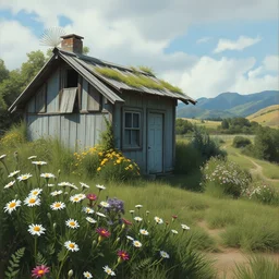 a matte painting of a californian countryside, shack close up, very overgrown, patchy flowers, oil painting, pale colors, high detail, 8 k, wide angle, trending on artstation