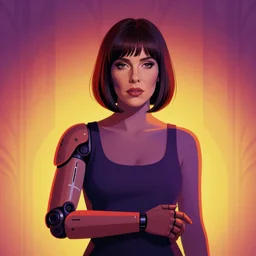 sherilyn fenn 2 6 years old, android arm, bob haircut, portrait by stanley artgerm, dramatic lighting, ilya kuvshinov, trending on artstation, flat colour, geometric curves, gradient filter, red and purple and yellow back light, art deco patterns