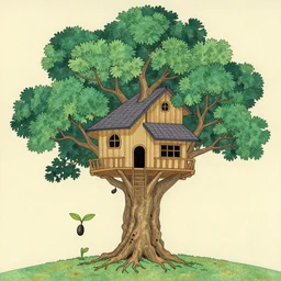 ancient japanese colorful drawing of a seed growing into a tree house, ernst haeckel