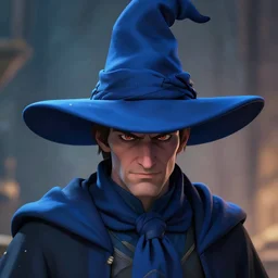 A photo of a wizard wearing a big blue hat, digital art, hyper realistic, stylized