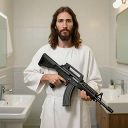 jesus christ posing on instagram in his bathroom with an m 1 6
