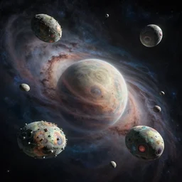 swarm of alien pods orbiting a bizarre alien planet, nebula in background, starfield in background, style of Chris Foss