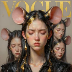 3 d, close - up, frown fashion model girl, rat ears, liquid gold and black water, sleepy fashion model, vogue cover style, poster art, hyper detail, intricate oil painting, multiple exposure, morning mood, 3 d by tooth wu and wlop and beeple and greg rutkowski