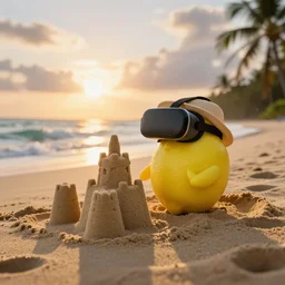 5 0 mm photograph, of a real anthropomorphic lemon cartoon character, it has lemon skin texture, it's wearing a hat and a vr head, building a sandcastle on the beach at sunset, beach, waves, sun, clouds, tropical trees, rim light, cinematic photography, sand, sandcastle, volumetric lightening, pentax k 1 0 0 0