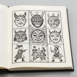scan of book with intricate geometrical and patterned ink drawings of tyrolean folklore masks, krampus, folklore, dance, dolomites, scary dark, dark ink, old paper