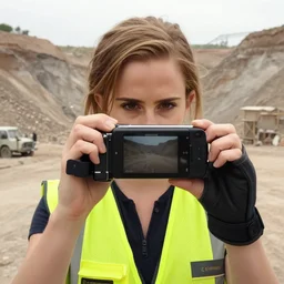 photo, close up, emma watson in a hi vis vest, in dusty open pit mine, android cameraphone, 2 6 mm,