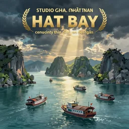 poster of ha long bay with ships in water in vietnam by studio ghibli