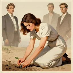 woman in dress kneeling a hand planting a seed in the ground, limited neutral palette, by petros afshar, anton fadeev, dean ellis, beautiful graphic full body portrait, propaganda poster art 1 9 7 0 s illustrated advertising art, painterly character design