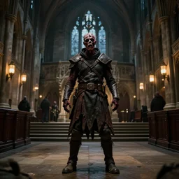 unforgiven zombie - warrior standing in fron of english high court, concept art, high details, realistic interior lights around, dark future style, trending on artstation