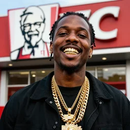 dslr portrait photo still of!!! colonal sanders kfc!!! as a gangsta rapper with gold chains and gold teeth grills, 8 k, 8 5 mm f 1. 8