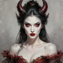 very attractive demon queen with red eyes painting by gaston bussiere, craig mullins, luis rollo, torso portrait, digital painting, highly detailed, artstation, sharp focus, illustration, concept art, hd