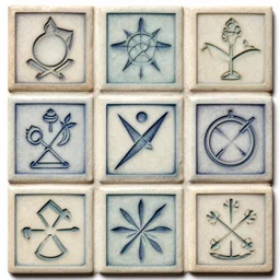 square tiles engraved with the four elements, randomly.
