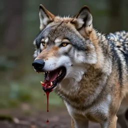 wolf with blood coming out of its mouth, realistic, vaporwave