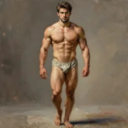 young warrior marching toward the viewer, male, muscular, green eyes!!!!, straight nose!!!!!, beard, detailed face, thighs!!!!! gorgeous, amazing, toned, intricate, highly detailed, painting by Gaston Bussiere, Craig Mullins