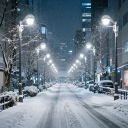 atmospheric photograph of a snowy tokyo street at night, bright street lamps