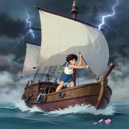 a wholesome cottagecore illustration of a Sailor maneuvering his ship in a storm, studio Ghibli, Pixar and Disney animation, sharp, Rendered in Unreal Engine 5, anime key art by Greg Rutkowski, Bloom, dramatic lighting, foggy, lightning