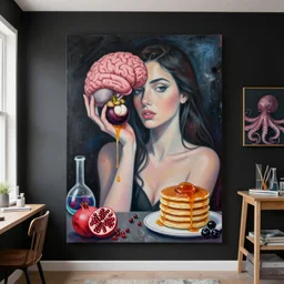 black walls, apartment of an art student, sensual portrait of a woman holding a brain, mangosteen, honey dripping, berries dripping juice, pancakes, pomegranate, berries, octopus, scientific glassware, neo - expressionism, surrealism, acrylic and spray paint and oilstick on canvas