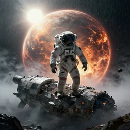 astronaut stranded on planet, destroyed ship, exploding planet in the background, impending fear, dystopian, sci - fi, dark, trending on artstation, digital art, fog, sun flare, rain