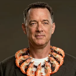 Tom hanks as forrest gump wearing a necklace made out of shrimps around the neck, realistic face, digital art, in the style of Marta Dahlig, amazing detail, artstation, long shot
