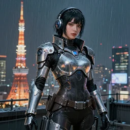An epic fantastic realism comic book style portrait painting of a female cyber warrior by NIXEU trending on arstation, dieselpunk shinny armor, cyberpunk feel raining at tokyo rooftop, Concept world Art,  unreal 5, DAZ, hyperrealistic, octane render, cosplay, RPG portrait, dramatic lighting, rom lights