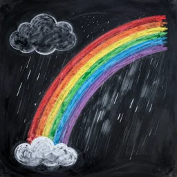 digital chalk painting of rainbow in dark sky. black puffy clouds. slanting rain.