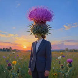 portrait, an enormous thistle flower under the head, a girl in a suit in field of flowers, surreal photography, sunrise, blue sky, dramatic light, impressionist painting, digital painting, artstation, simon stalenhag