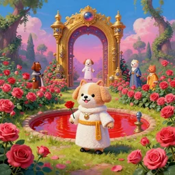 wide angle dynamic portrait of a chibbi dogon priest in a rose garden with a red pond and a golden ornate steampunk portal, amigurumi by mark ryden and todd schorr and mark davis and zdislaw beksinski in a surreal lowbrow style, digital paint, matte paint, vivid synthwave colors, breathtaking landscape