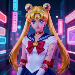 portrait of sailor moon with arm tattoos, in the style of cyberpunk on the background of neon signs, symmetrical, single person