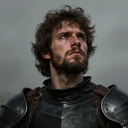 close up picture of a male warrior looking at the sky, angry, sad, rugged, black plate armor, simple, brown skin, messy curly hair, unkempt beard, highly detailed, detailed face, smooth, sharp focus, chiaroscuro, digital painting, artgerm, greg rutkowski, alphonse mucha, young adult novel cover art