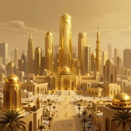 Futuristic middle eastern city made out of gold. Elaborate buildings. Ground level view looking at the skyline. Biblical atmosphere. Spiritual. Detailed matte painting trending in artstation