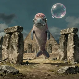 hyperrealist, dull colors, interior shot from howls moving castle 2 0 0 4 of a manatee with a brain helmet floating in stonehenge pyramid. bubble.