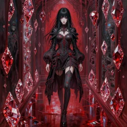 beautiful girl in intricate clothing walking through a hallway made of blood diamonds, reflections, very high intricate details, horror, painting, digital anime art, medium shot, mid - shot, wlop, ilya kuvshinov, artgerm, krenz cushart, greg rutkowski, sana takeda