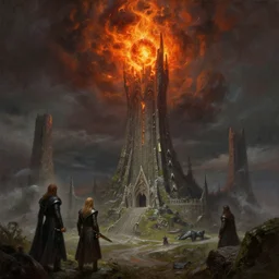 mordor, flaming eye of sauron above the tower of barad - dur, by alan lee, michal karcz, smooth details, lord of the rings, game of thrones, smooth, detailed terrain, oil painting, trending artstation, concept art, fantasy matte painting
