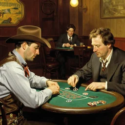 cowboys playing poker in a saloon, by Norman Rockwell  and Richard Schmid