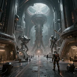 gothic space station, zaha hadid, city street, interior, inspired by a nuclear reactor and maschinen krieger, ilm, beeple, doom eternal, distopian scifi